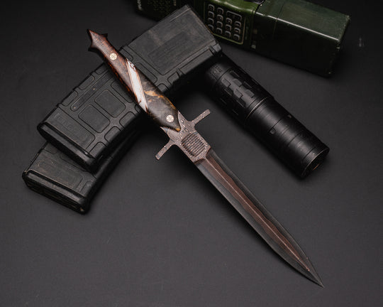 V-42 Dagger- Baker Forge Raindrop CopperMai- Buckeye Burl, Black G10 and Copper Pin Striping, White with Copper Matrix Tru-stone Split, Desert Ironwood, Mosaic Pins, Smooth Grip