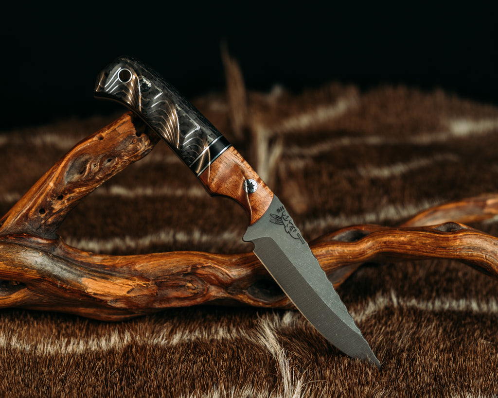 Modified Boogeyman - Hawaiian Curly Koa, Black G10 & Aluminum Pin Striping, Black G10 Split, Dragon Strike Carbon Fiber, Mosaic Pins, Aluminum Lanyard Pin, Grooved Grip.
