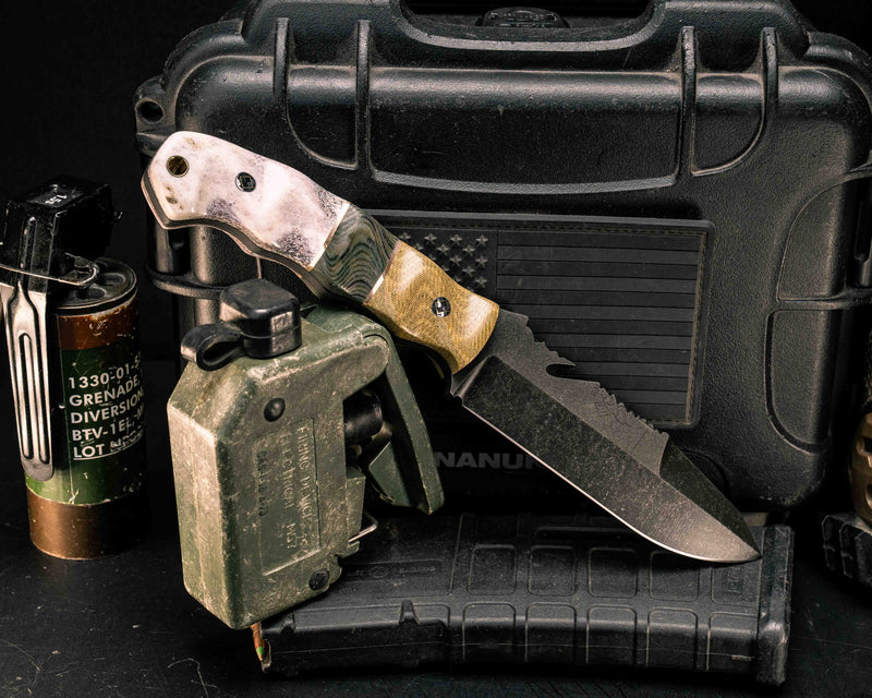 Notched Wire Cutter Breacher Gen 3- Olive Canvas Micarta, Bronze and Navy S.E.A.L AOR2 Cammie Micarta Split, Elk Antler, Mosaic Pins, Textured Grip