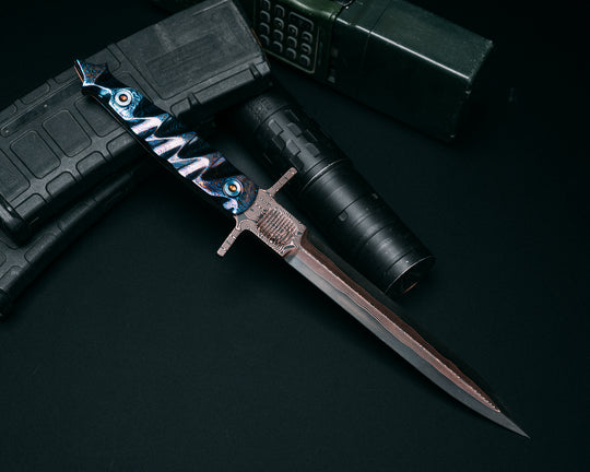 V-42 Dagger- Baker Forge Raindrop CopperMai- Black Kraken Timascus Handle, Allen Bolts, Textured Grip