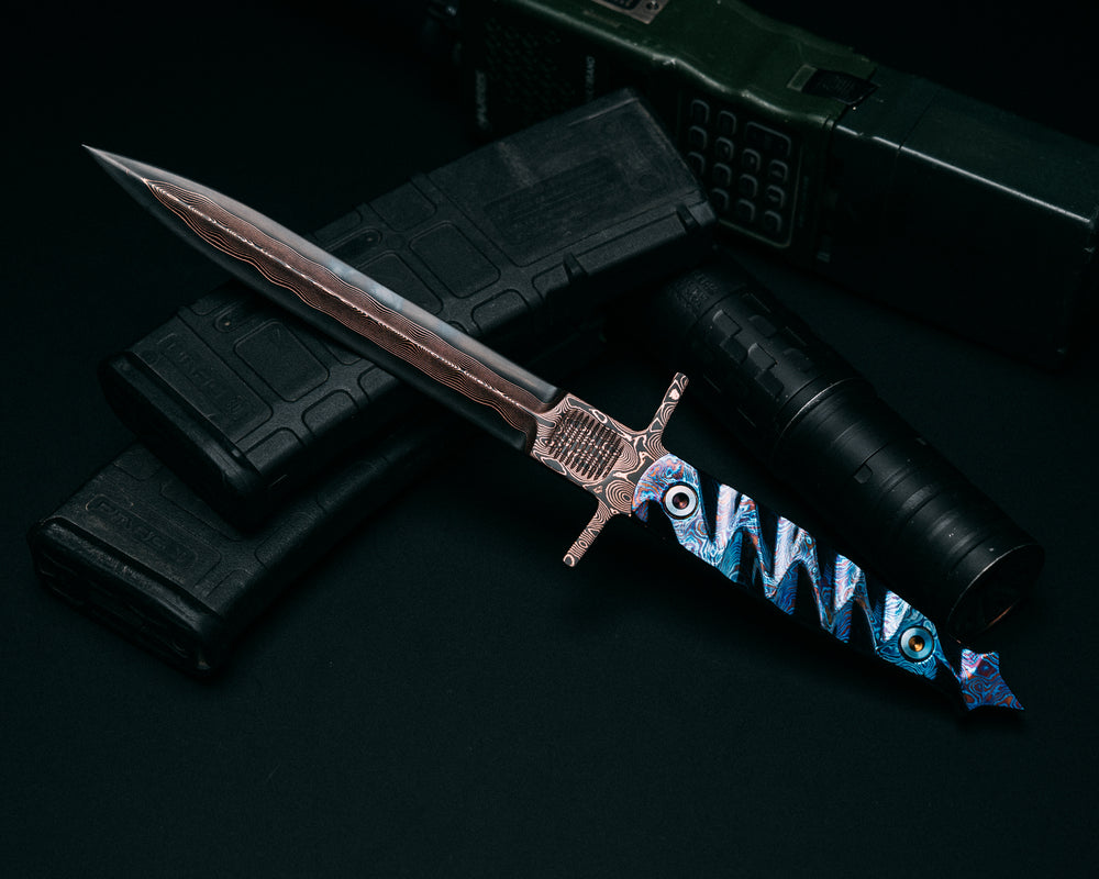 V-42 Dagger- Baker Forge Raindrop CopperMai- Black Kraken Timascus Handle, Allen Bolts, Textured Grip
