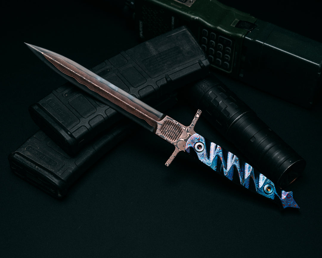 V-42 Dagger- Baker Forge Raindrop CopperMai- Black Kraken Timascus Handle, Allen Bolts, Textured Grip