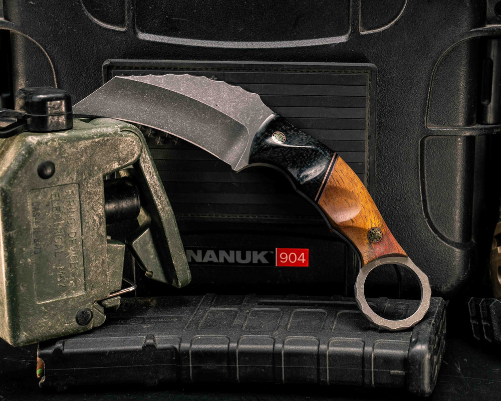 Karambito- Black Burlap Micarta, Copper and Black G10 Split, Leatherwood, Mosaic Pins, Textured Grip