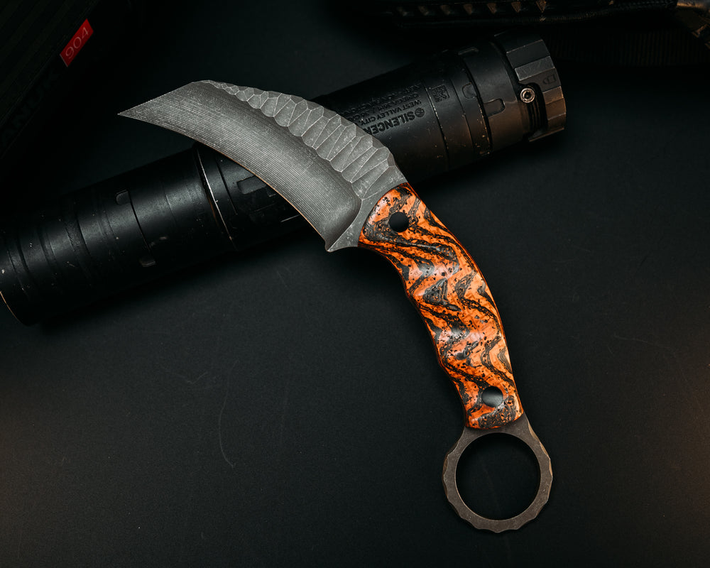 Karambito - Carbon, Orange Resin and Burlap, CF Pins, Grooved Grip.