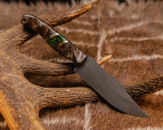 Crow Scout- Spalted Maple, Black G10, Coyote G10 and Brass Pin Striping, Arizona Jade Tru-stone Split, Mosaic Pins, Brass Lanyard Pin, Textured Grip