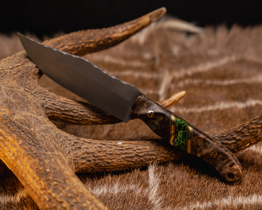 Crow Scout- Spalted Maple, Black G10, Coyote G10 and Brass Pin Striping, Arizona Jade Tru-stone Split, Mosaic Pins, Brass Lanyard Pin, Textured Grip