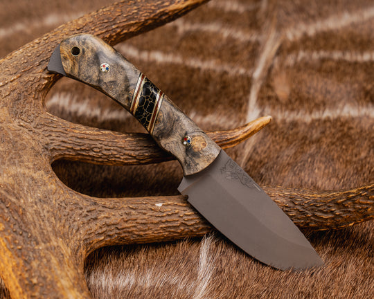 Cavner- Buckeye Burl, Black G10, Brass, White G10 and Natural Micarta Pin Striping, Black with Gold Web Tru-stone Split, Patriot Mosaic Pins, Brass Lanyard Pin, Grooved Grip