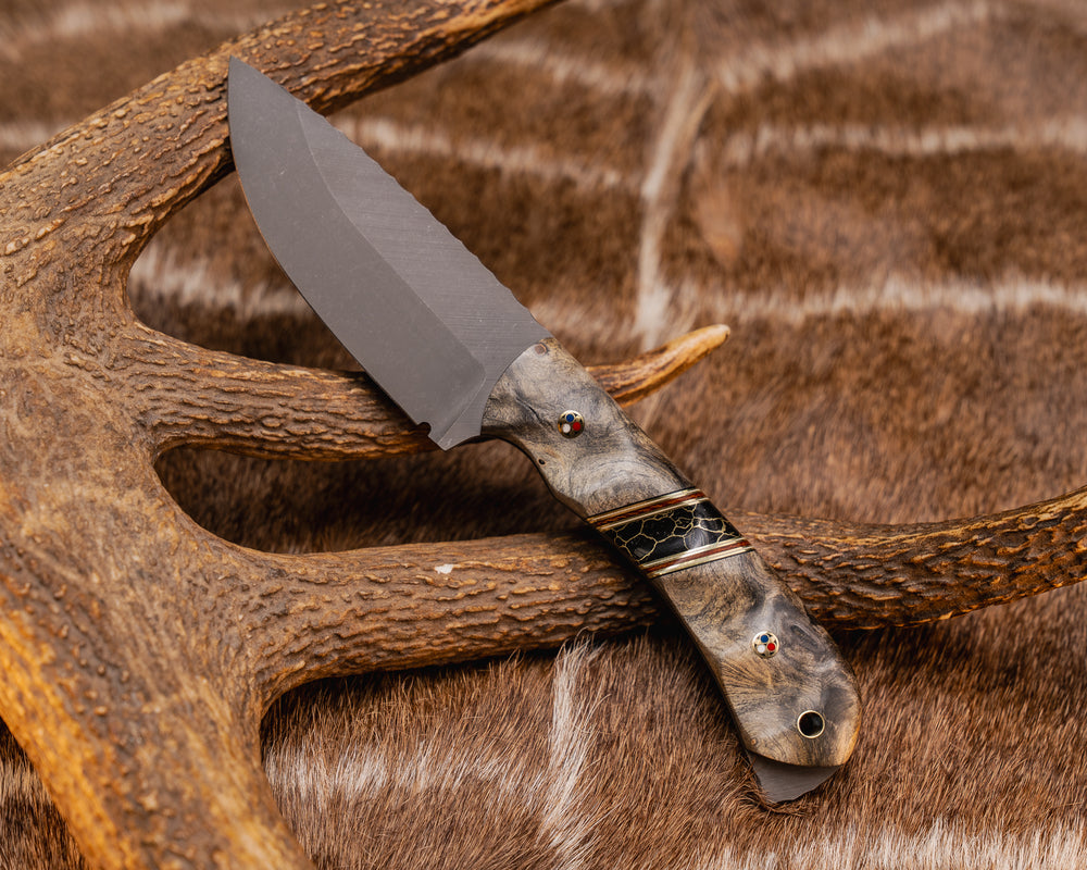 Cavner- Buckeye Burl, Black G10, Brass, White G10 and Natural Micarta Pin Striping, Black with Gold Web Tru-stone Split, Patriot Mosaic Pins, Brass Lanyard Pin, Grooved Grip
