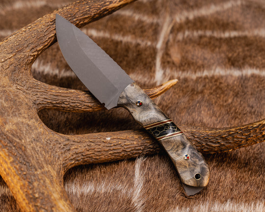 Cavner- Buckeye Burl, Black G10, Brass, White G10 and Natural Micarta Pin Striping, Black with Gold Web Tru-stone Split, Patriot Mosaic Pins, Brass Lanyard Pin, Grooved Grip
