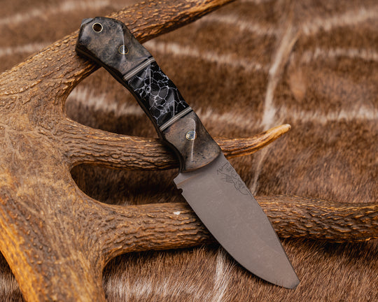 Modified Cavner- Dyed Maple, Black G10, Grey G10 and White G10 Pin Striping, Black with White Web Tru-stone Split, Mosaic Pins, Brass Lanyard Pin, Textured Grip