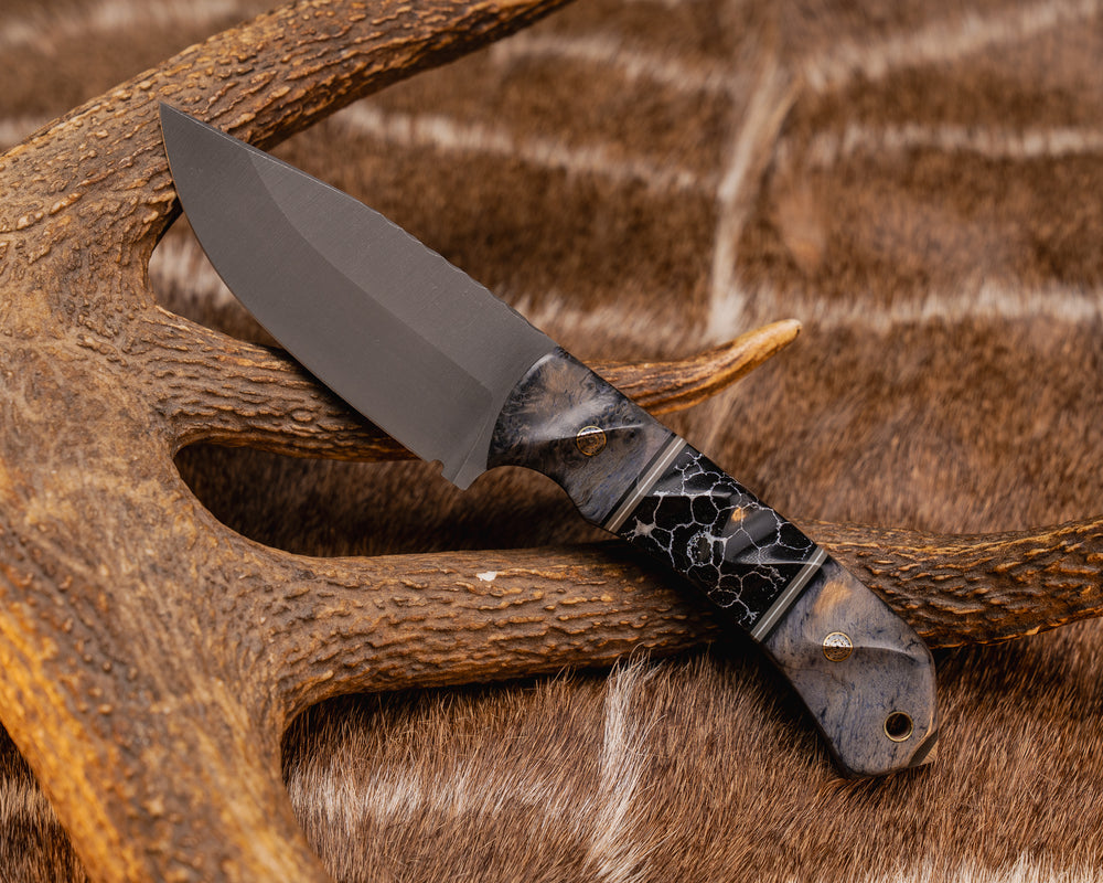 Modified Cavner- Dyed Maple, Black G10, Grey G10 and White G10 Pin Striping, Black with White Web Tru-stone Split, Mosaic Pins, Brass Lanyard Pin, Textured Grip