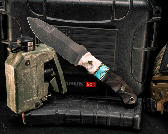 Disaster Jr Gen 3- Elk Antler, Black G10 and Brass Pin Striping, Turquoise with Gold Web Tru-stone Split, Desert Ironwood, Mosaic Pins, Textured Grip