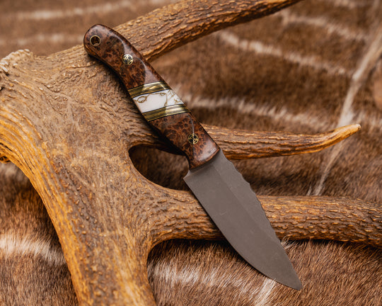 Crow Scalper - Redwood, Black G10 and Brass Pin Striping, White with Gold Web Tru-stone Split, Mosaic Pins, Brass Lanyard Pin, Grooved Grip