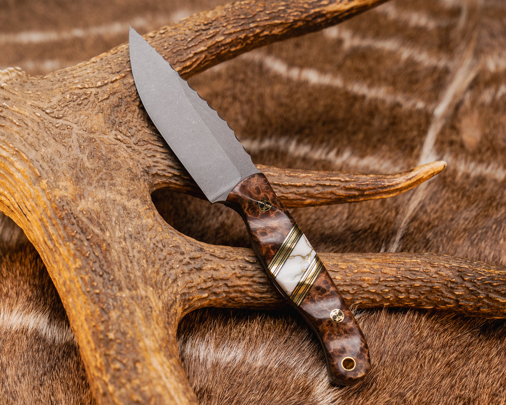 Crow Scalper - Redwood, Black G10 and Brass Pin Striping, White with Gold Web Tru-stone Split, Mosaic Pins, Brass Lanyard Pin, Grooved Grip