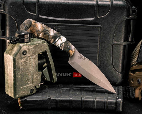 4" HUMINT- Buckeye Burl, Black G10, Brass and Aluminum Pin Striping, White with Gold Web Tru-stone Split, Mosaic Pins, Textured Grip