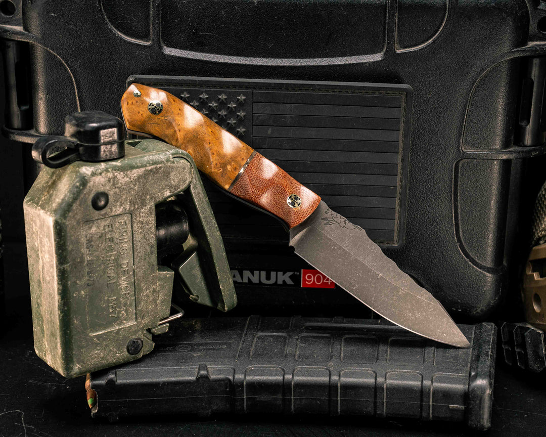 Field Knife Jr- Vintage Butterscotch Micarta, Bronze Split, Teak, Mosaic Pins, Textured Grip
