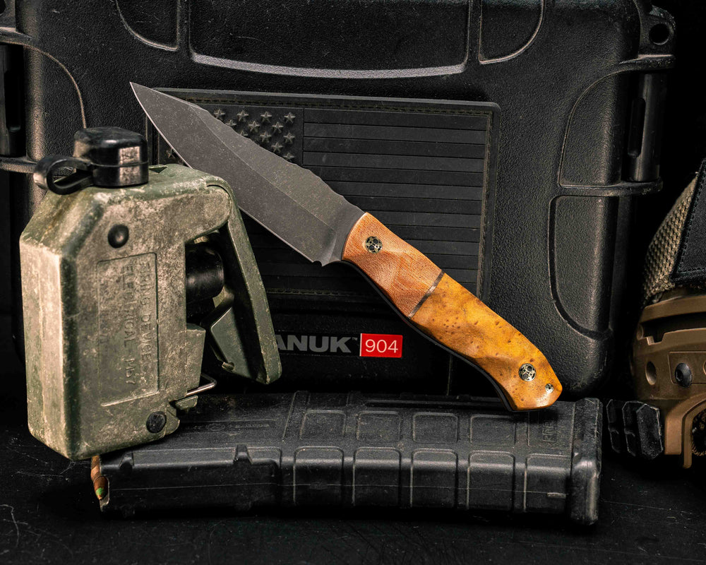 Field Knife Jr- Vintage Butterscotch Micarta, Bronze Split, Teak, Mosaic Pins, Textured Grip