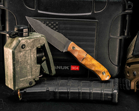 Field Knife Jr- Vintage Butterscotch Micarta, Bronze Split, Teak, Mosaic Pins, Textured Grip