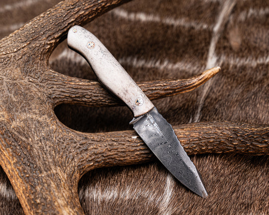 Field Knife Jr- Baker Forge Ladde Pattern Damascus- Patriot Mosaic Pins, 1/8" Mosaic Pins, Contoured Grip