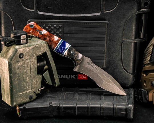 Extremis MK1- Dyed Redwood, Black G10, White G10, Aluminum and Blue G10 Pin Striping, Sodalite Tru-stone Split, Amboyna Burl, Mosaic Pins, Aluminum Lanyard Pin, Textured Grip