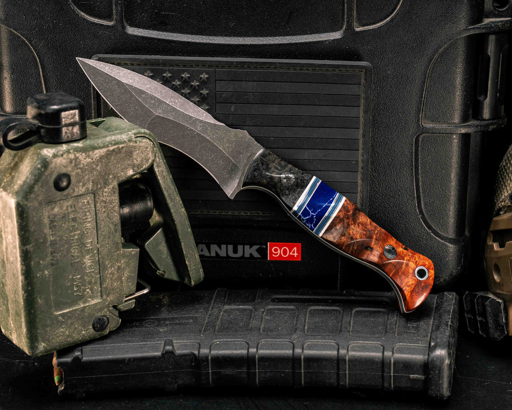 Extremis MK1- Dyed Redwood, Black G10, White G10, Aluminum and Blue G10 Pin Striping, Sodalite Tru-stone Split, Amboyna Burl, Mosaic Pins, Aluminum Lanyard Pin, Textured Grip