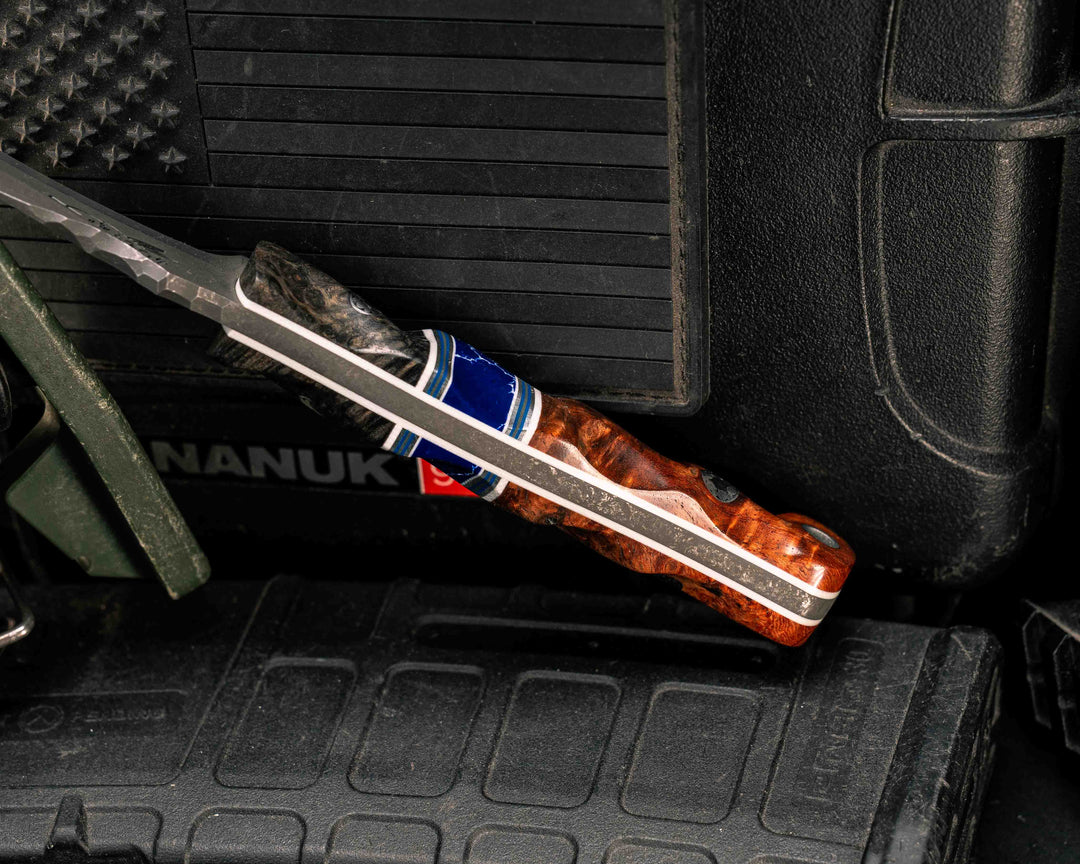 Extremis MK1- Dyed Redwood, Black G10, White G10, Aluminum and Blue G10 Pin Striping, Sodalite Tru-stone Split, Amboyna Burl, Mosaic Pins, Aluminum Lanyard Pin, Textured Grip