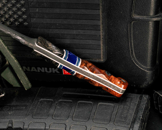 Extremis MK1- Dyed Redwood, Black G10, White G10, Aluminum and Blue G10 Pin Striping, Sodalite Tru-stone Split, Amboyna Burl, Mosaic Pins, Aluminum Lanyard Pin, Textured Grip