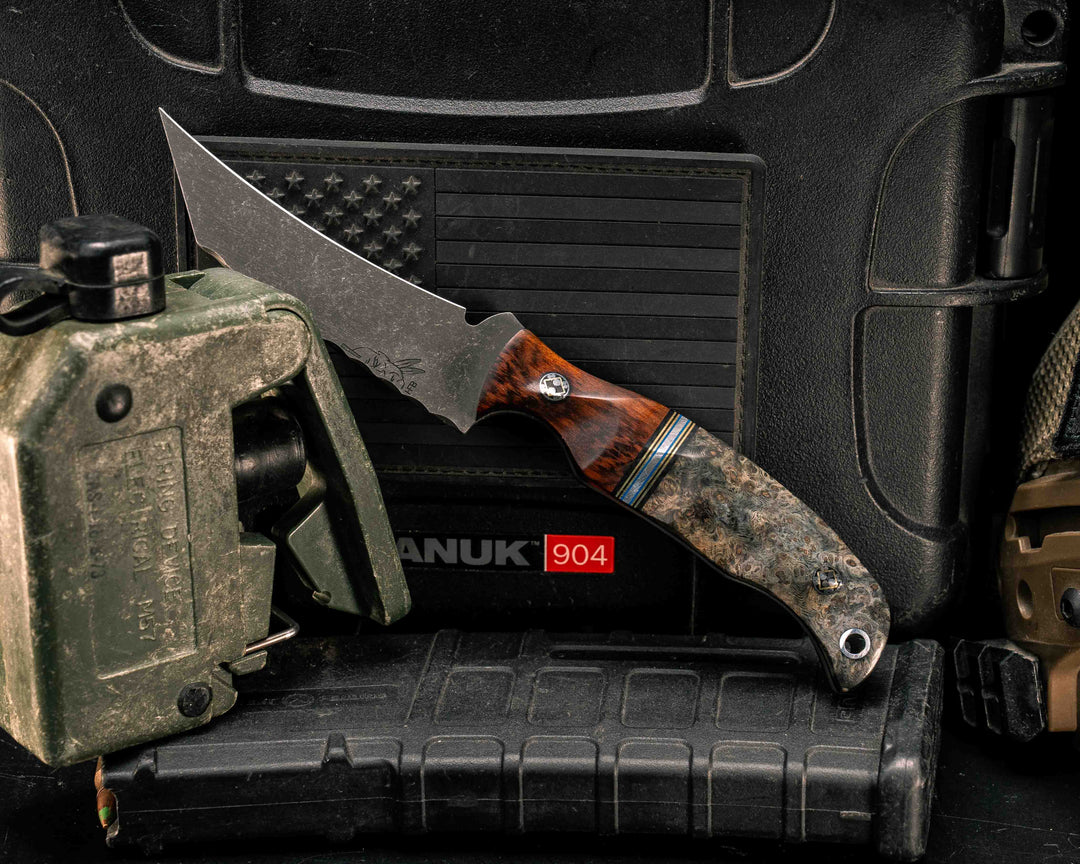 Draugr- Snakewood, Black G10, Brass, Blue G10 and Aluminum Split, Dyed Black Ash, Mosaic Pins, Aluminum Lanyard Pin
