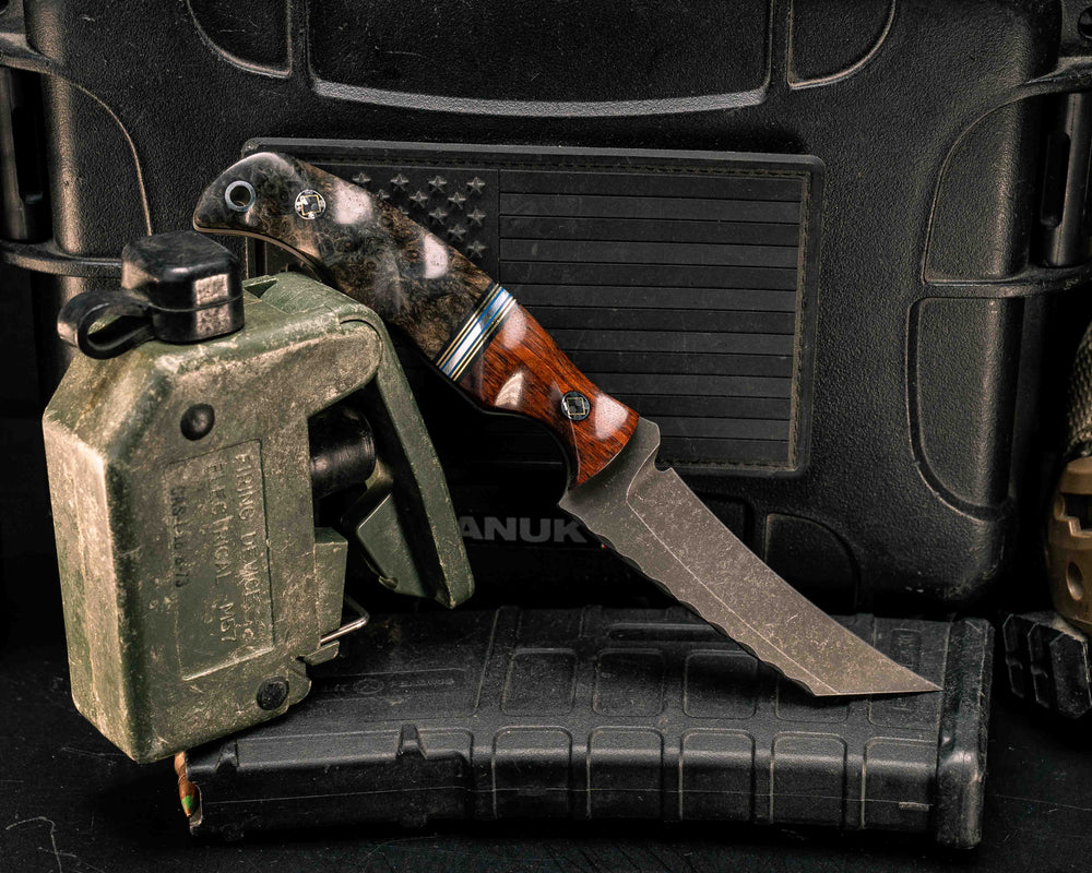 Draugr- Snakewood, Black G10, Brass, Blue G10 and Aluminum Split, Dyed Black Ash, Mosaic Pins, Aluminum Lanyard Pin