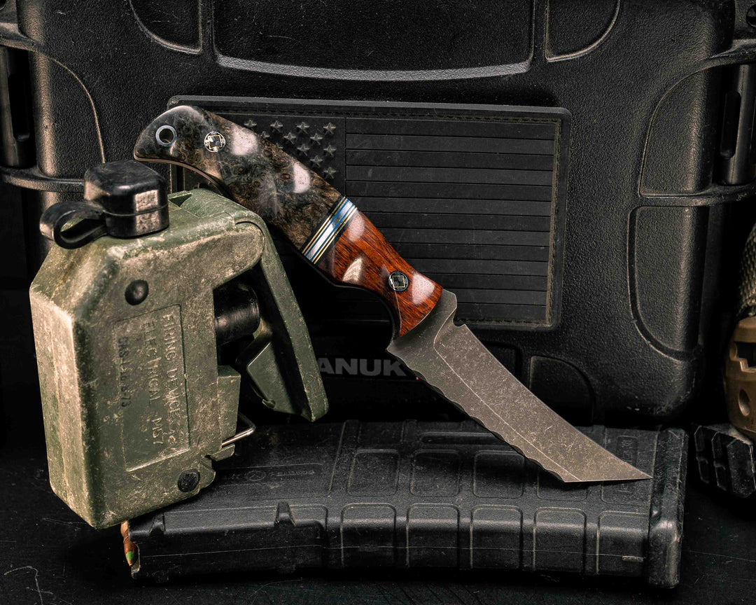 Draugr- Snakewood, Black G10, Brass, Blue G10 and Aluminum Split, Dyed Black Ash, Mosaic Pins, Aluminum Lanyard Pin