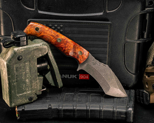 Buteo- Lion's Blood Amboyna, Mosaic Pins, Brass Lanyard Pin, Textured Grip