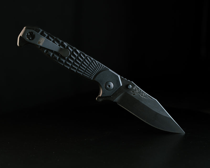 Crow Folder- Anodized Black Frame, Nitride Black Blade, Grenade Stippled Grip, Deep Carry Pocket Clip