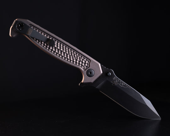 Disaster Folder- Anodized Grey Handle, Black Nitride Blade, Dimpled Grip, Deep Carry Pocket Clip