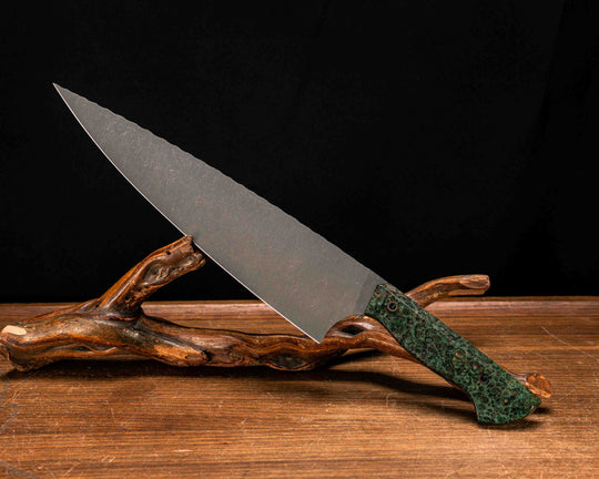 10" Chef Blade- Dyed Amboyna Burl, Resin Filled Copper Pins, Smooth Grip