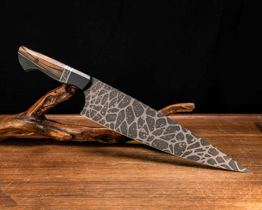 10" Chef Blade- Black Canvas Micarta, Black g10, Aluminum and Brass Pin Striping, Black with Gold Web Tru-stone Split, Black Micarta Pins, Smooth Grip