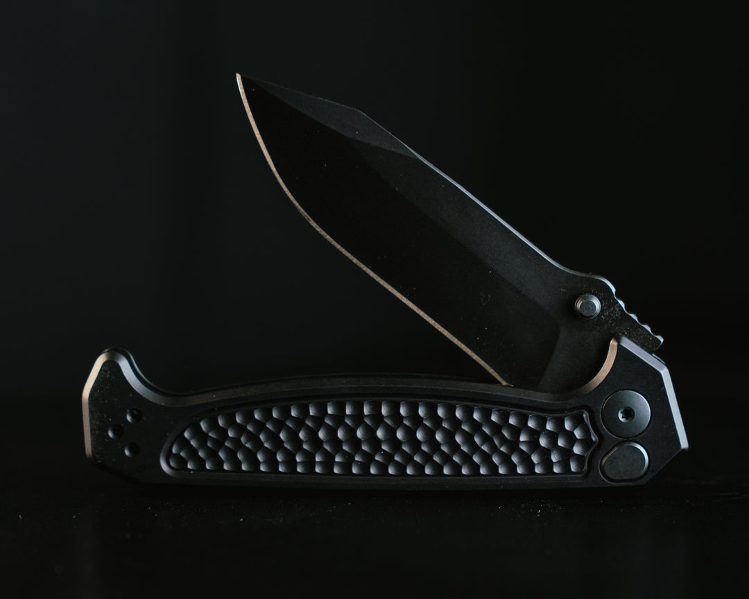 Disaster Folder- Anodized Black Handle, Black Nitride Frame, Dimpled Grip, Deep Carry Pocket Clip