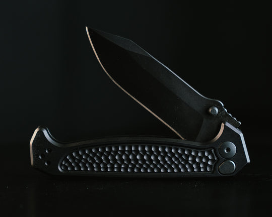 Disaster Folder- Anodized Black Handle, Black Nitride Frame, Dimpled Grip, Deep Carry Pocket Clip