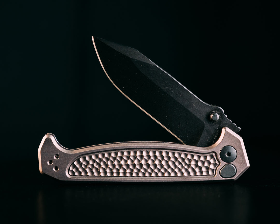 Disaster Folder- Anodized Grey Handle, Black Nitride Blade, Dimpled Grip, Deep Carry Pocket Clip