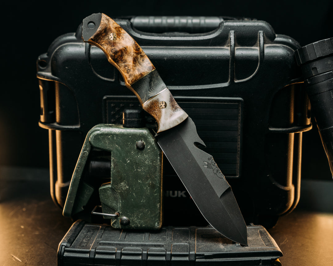 Notched Wire Cutter Breacher- Elk Antler, Brass and Navy S.E.A.L AOR2 Cammie Micarta Split, Amboyna Burl, Mosaic Pins, Textured Grip