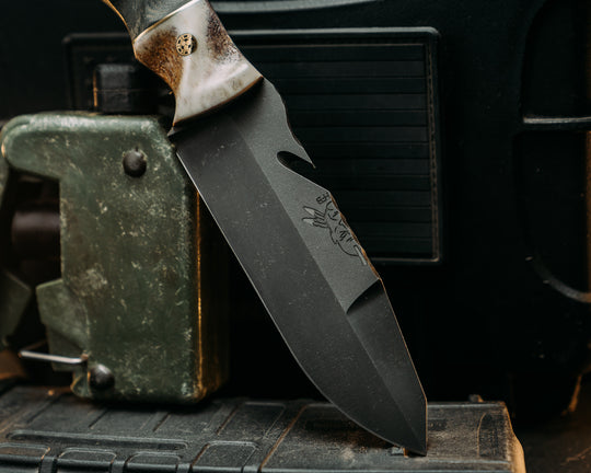 Notched Wire Cutter Breacher- Elk Antler, Brass and Navy S.E.A.L AOR2 Cammie Micarta Split, Amboyna Burl, Mosaic Pins, Textured Grip