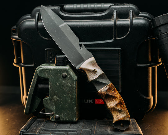 Notched Wire Cutter Breacher- Elk Antler, Brass and Navy S.E.A.L AOR2 Cammie Micarta Split, Amboyna Burl, Mosaic Pins, Textured Grip