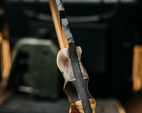 Notched Wire Cutter Breacher- Elk Antler, Brass and Navy S.E.A.L AOR2 Cammie Micarta Split, Amboyna Burl, Mosaic Pins, Textured Grip