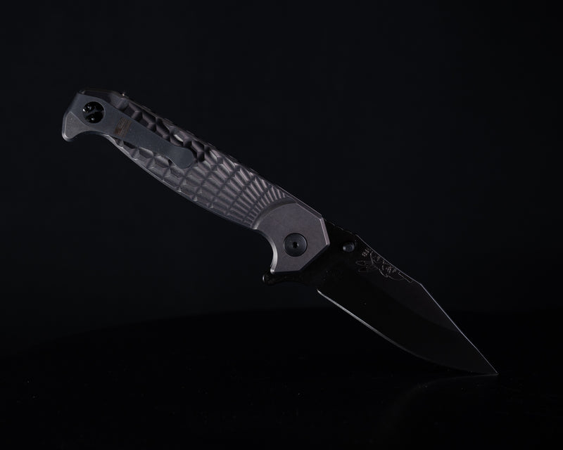 Crow Folder- Anodized Gray Handle, Black Nitride Blade, Grenade Stippled Grip, Deep Carry Clip