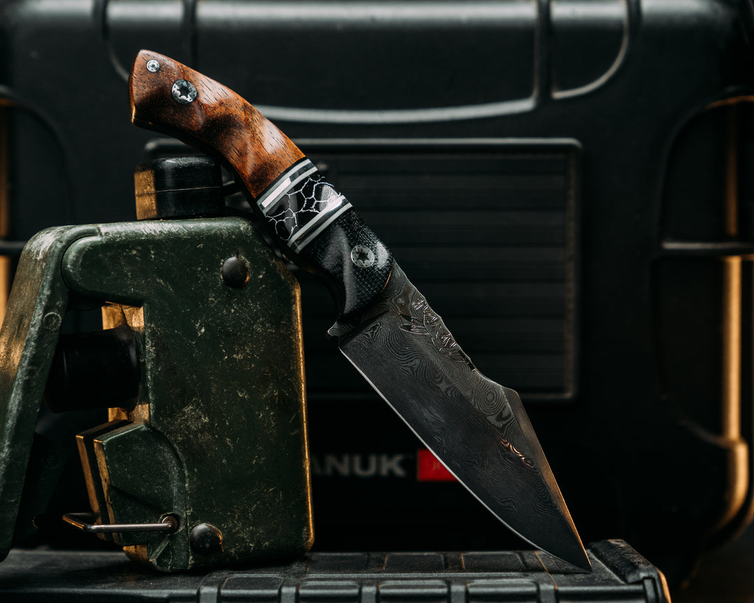 Widow Maker Jr- Baker Forge Raindrop Damascus- Black Canvas Miacrta, Black G10, White G10 and Aluminum Pin Striping, Black with White Web Tru-stone Split, Hawaiian Curly Koa, Mosaic Pins, Textured Grip