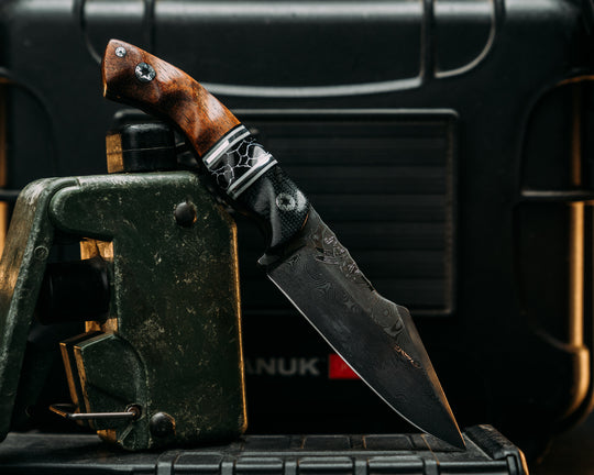 Widow Maker Jr- Baker Forge Raindrop Damascus- Black Canvas Miacrta, Black G10, White G10 and Aluminum Pin Striping, Black with White Web Tru-stone Split, Hawaiian Curly Koa, Mosaic Pins, Textured Grip