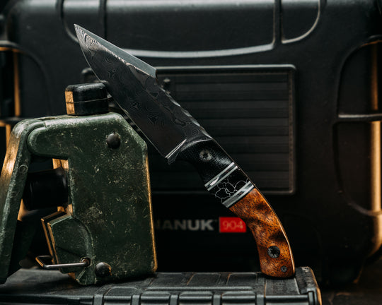 Widow Maker Jr- Baker Forge Raindrop Damascus- Black Canvas Miacrta, Black G10, White G10 and Aluminum Pin Striping, Black with White Web Tru-stone Split, Hawaiian Curly Koa, Mosaic Pins, Textured Grip