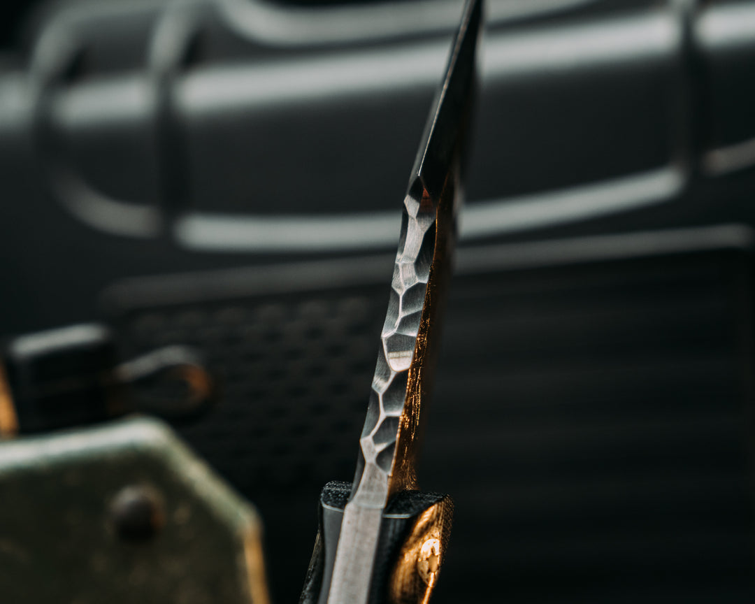 Widow Maker Jr- Baker Forge Raindrop Damascus- Black Canvas Miacrta, Black G10, White G10 and Aluminum Pin Striping, Black with White Web Tru-stone Split, Hawaiian Curly Koa, Mosaic Pins, Textured Grip