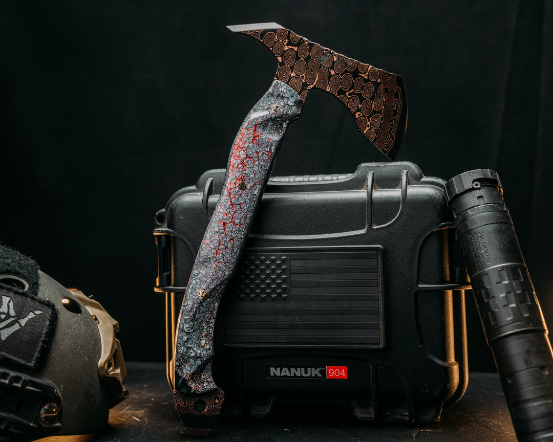 Recce Alpha Hawk- Baker Forge Raindrop CopperMai- Fordite in Resin, Mosaic Pins, Textured Grip