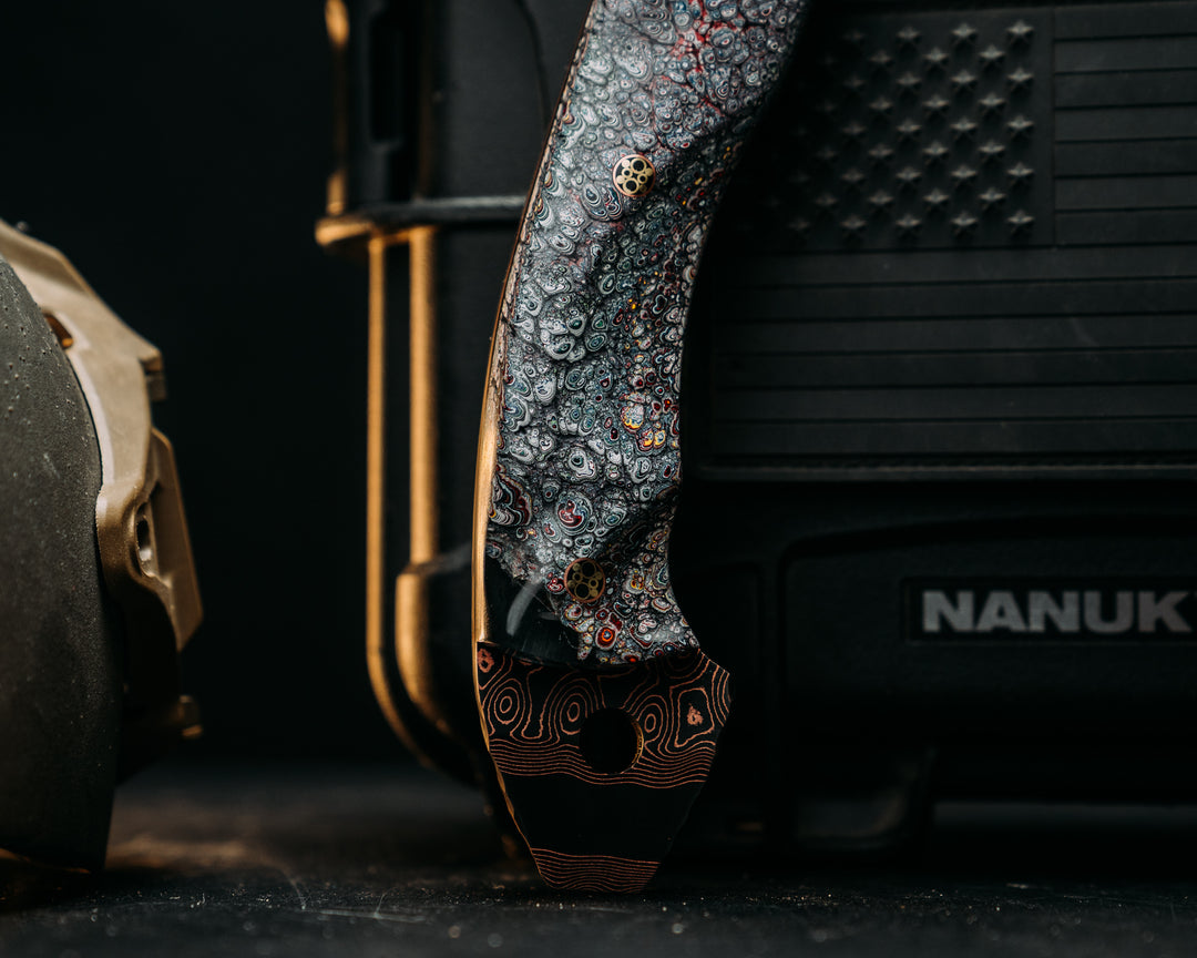 Recce Alpha Hawk- Baker Forge Raindrop CopperMai- Fordite in Resin, Mosaic Pins, Textured Grip