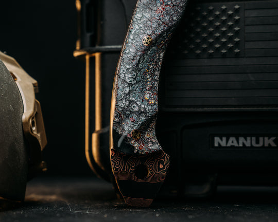 Recce Alpha Hawk- Baker Forge Raindrop CopperMai- Fordite in Resin, Mosaic Pins, Textured Grip